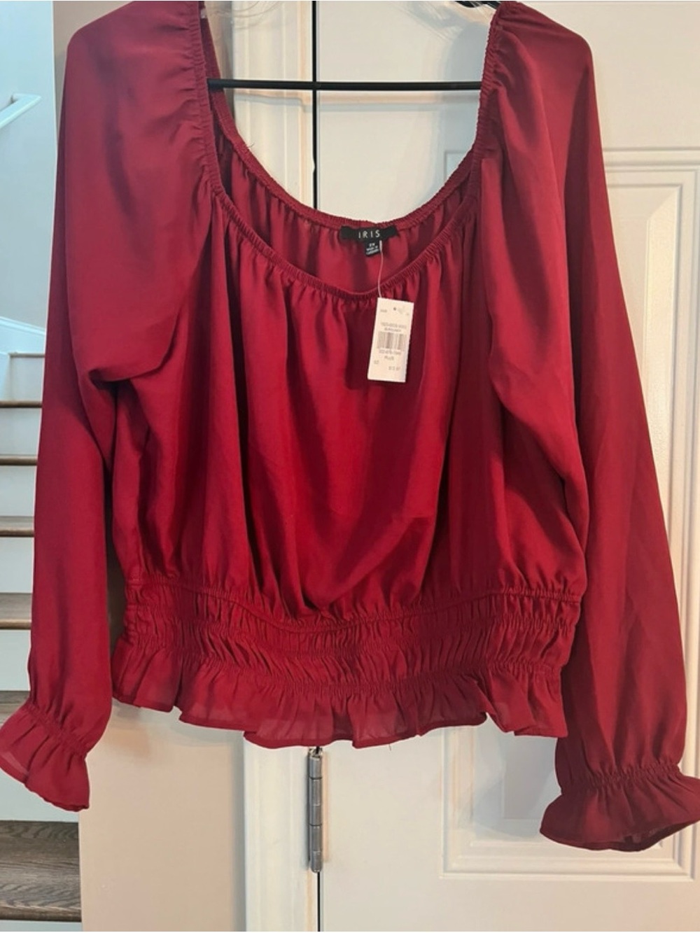 iris Red Long-Sleeve Smocked Hem Peasant Blouse